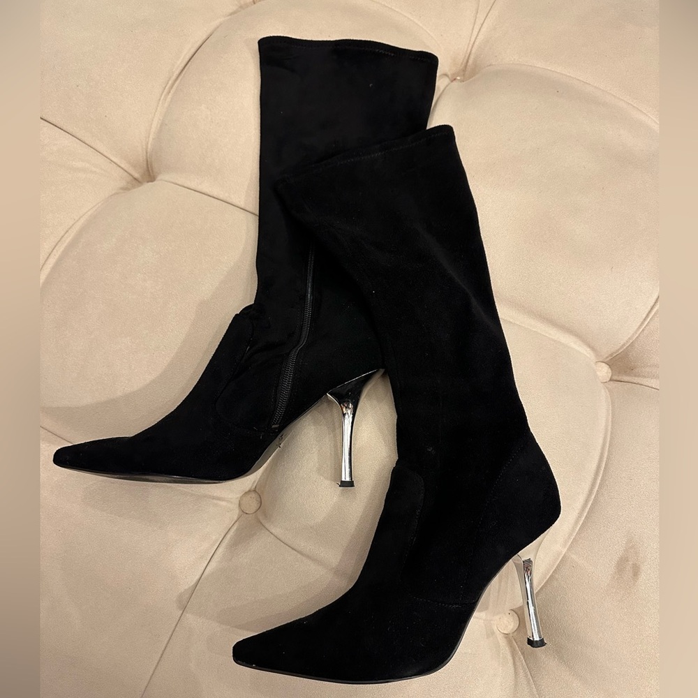 CARMEN By Marc Valvo, Black Suede Boots with Silver Heels, Size 6